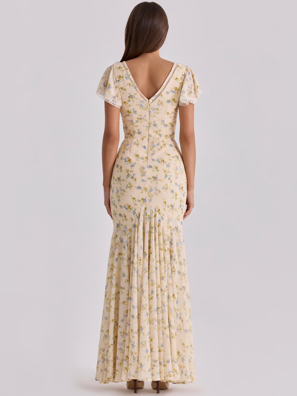 House of CB AMINA Lemon Floral Print Georgette Maxi Tea Dress NWOT - Picture 7 of 12